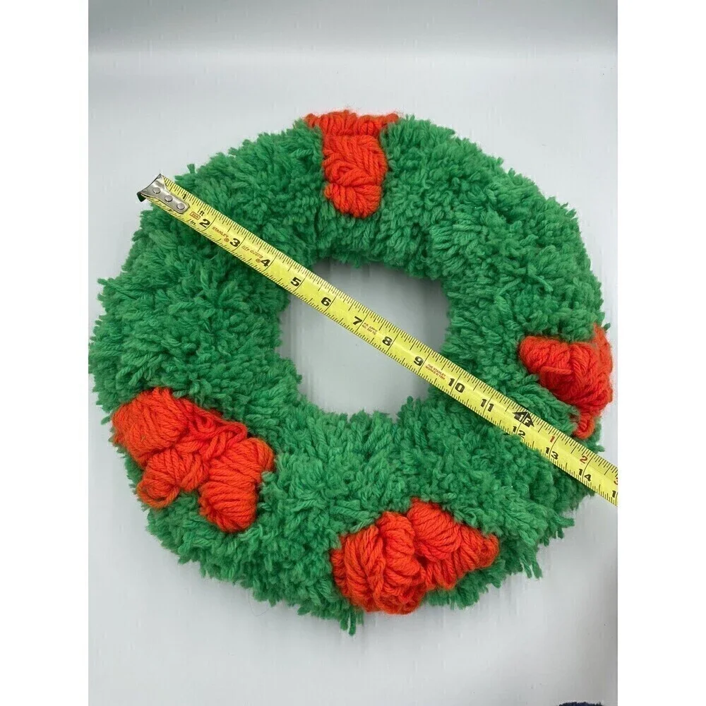 Vintage Handmade Green Crocheted Christmas Wreath Red Bow Holly Berries 14